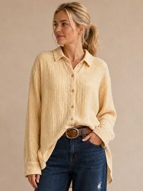 NWT - Mystree Cotton Gauze Blouse in Distressed Chamois Yellow - Oversized